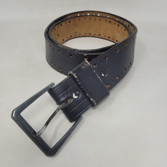 Black Leather Belt Mens 34 Perforated Industrial Utilitarian Edgy